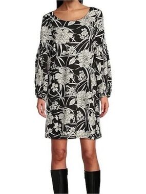 bryn Walker Black & White Floral Long-Sleeve Shift Dress